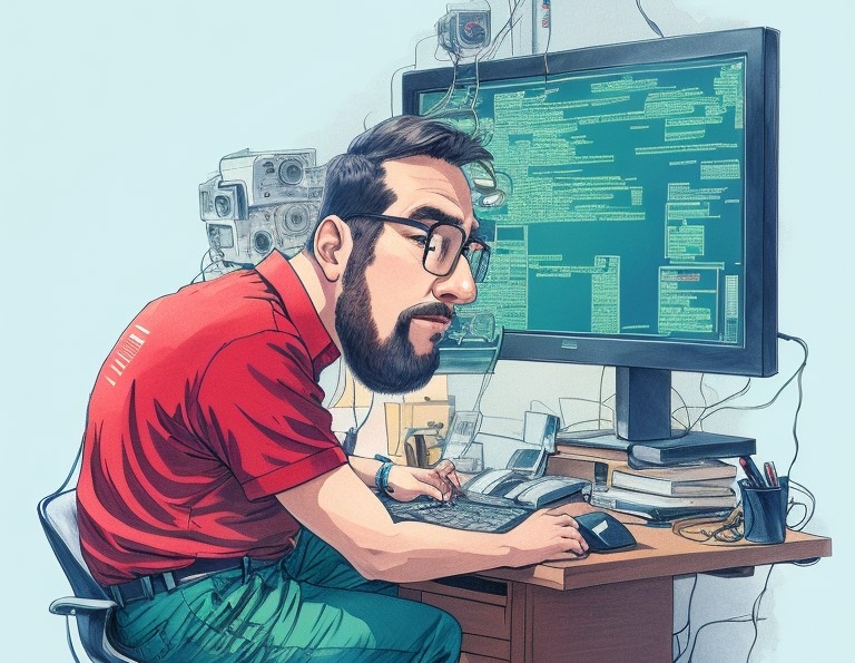 Caricature of a programmer debugging code